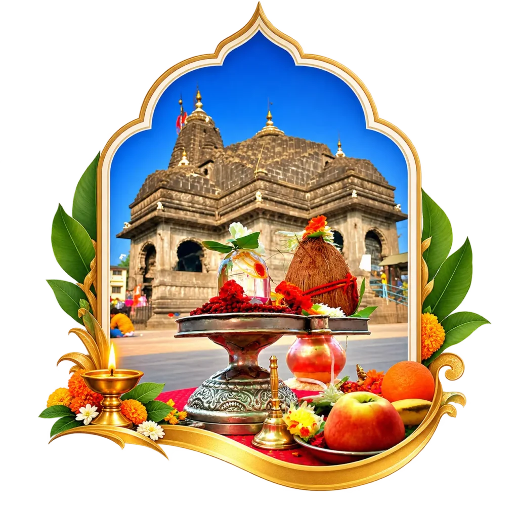 Trimbakeshwar Jyotirlinga temple with Shivling puja kalash, coconut, flowers, and a diya sacred site in Nashik, Maharashtra