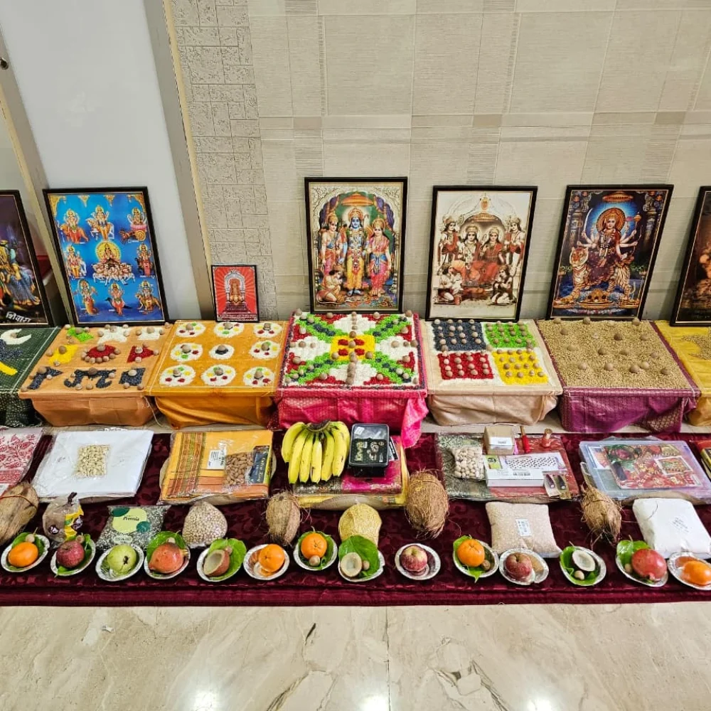 Grand Kaal Sarp Dosh Puja arrangement with 7 decorated platforms in trimbakeshwer