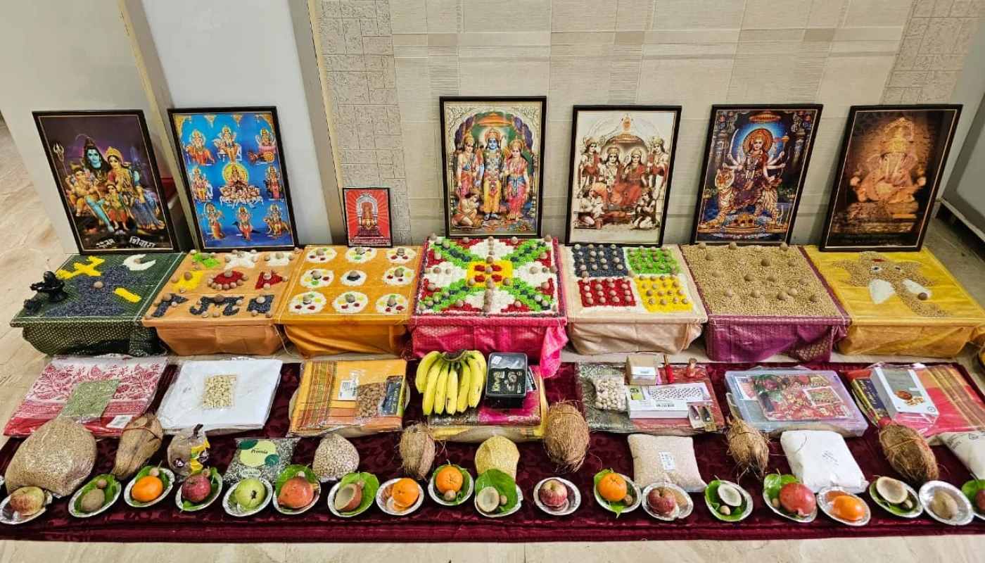 Grand Kaal Sarp Dosh Puja arrangement with 7 decorated platforms in trimbakeshwer