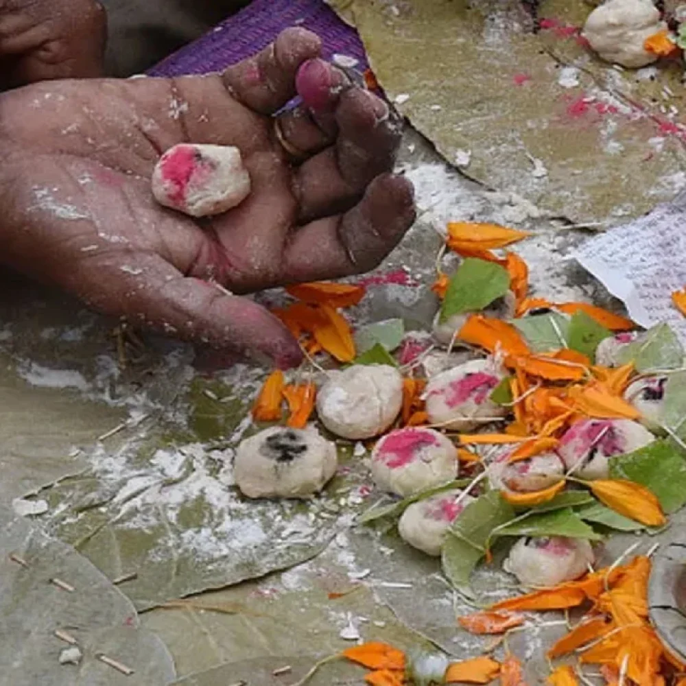 Pind Daan ritual during Narayan Nagbali Puja at Trimbakeshwar The pandit is holding pinda with sindoor and sesame and flowers and Sankalpa.