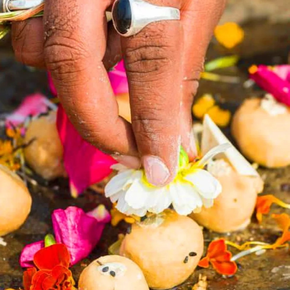 Pitru Dosh Puja: The yajman places flowers on the pinda offering at Godavari River bank, Trimbakeshwar